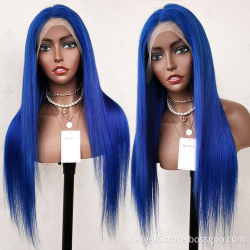 Wig Vendors Wholesale Price Blue Colored Virgin Brazilian Hair Wigs 100 Human Hair Lace Front Transparent HD Lace Frontal Wigs